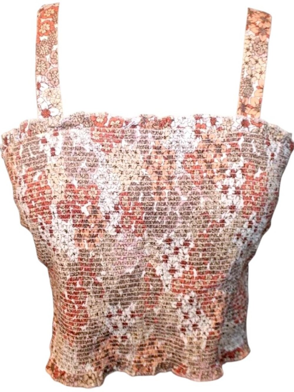 Japna Floral Smocked Crop Top L Large Orange Terracotta Boho Cami Tank Blouse